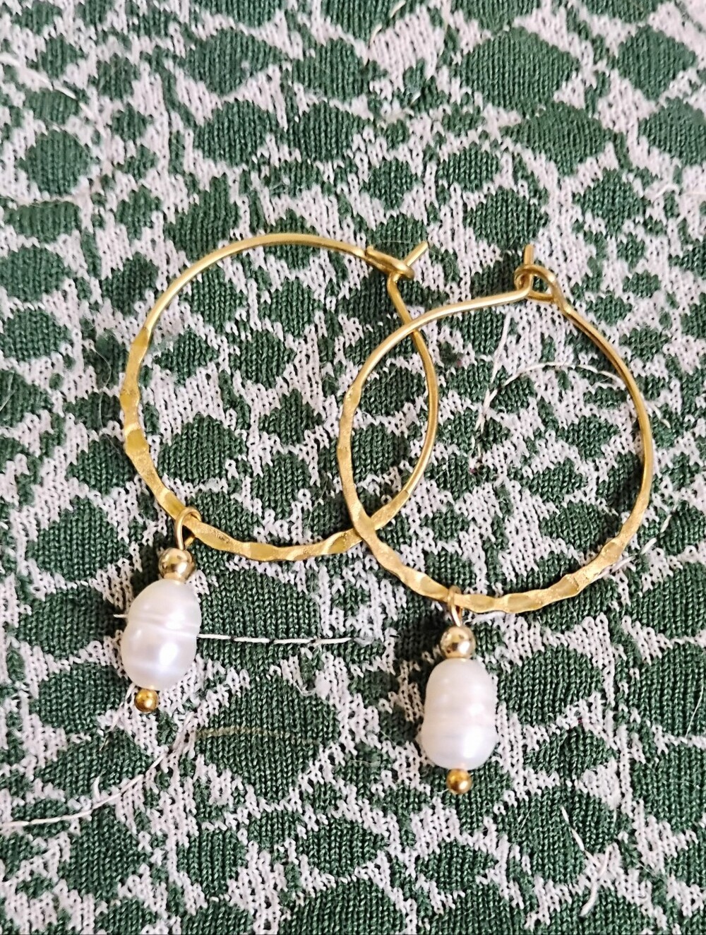 Hammered Brass Hoop Earrings with Real Pearl Handmade Charms